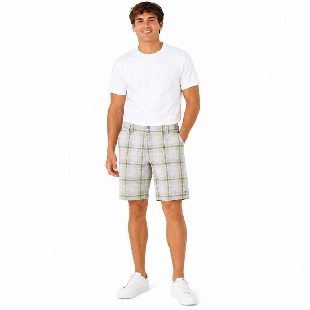 Columbia Men's Plaid Omni-Shade Shorts Size 42 11" Inseam Yellow Gray Blue Outdo